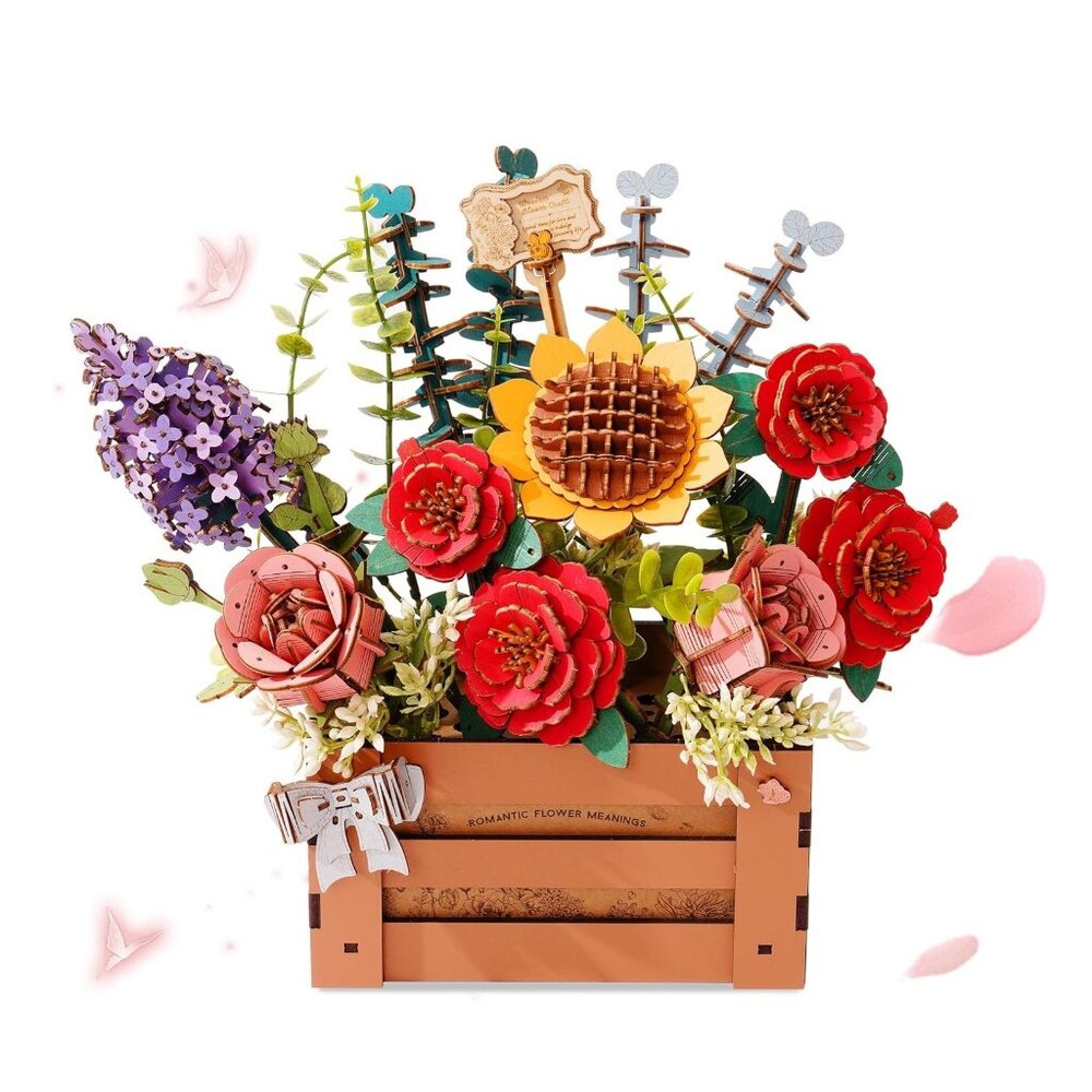 3D Puzzle for Adults Wooden Flower Building Set Artificial Flowers Wedding